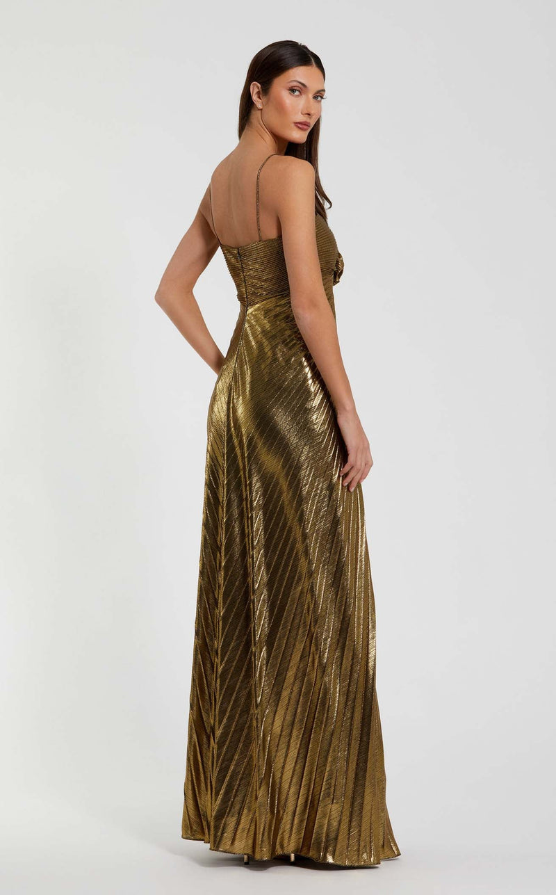 mac duggal gold sequin dress Mac Duggal Women's Thin Strap Pleated Metallic Gown With 3D Flower