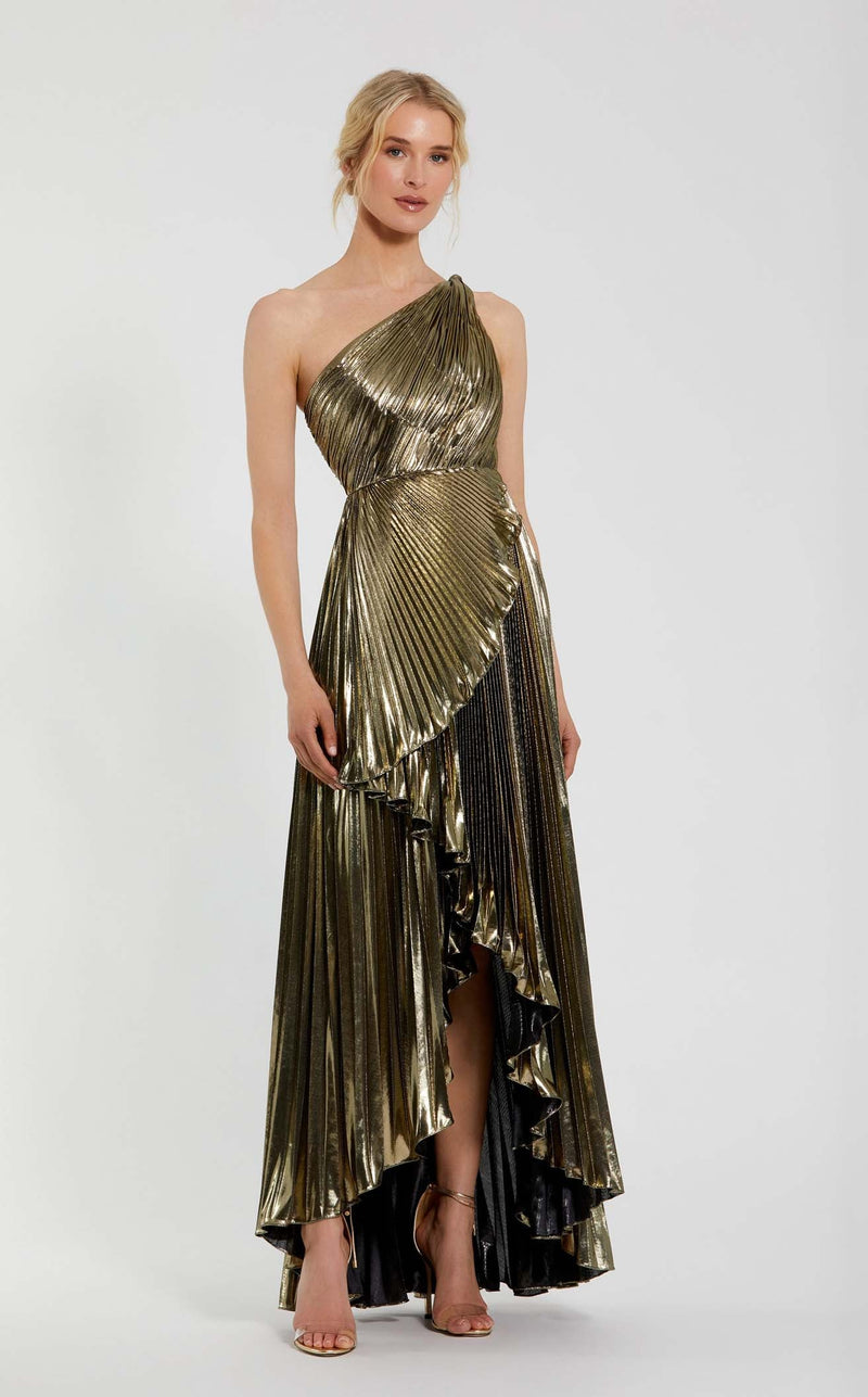 mac duggal gold dress One Shoulder Metallic Ball Gown Sculptural ruffles frame the shoulders with striking contrast Mac Duggal - Gold Embellished