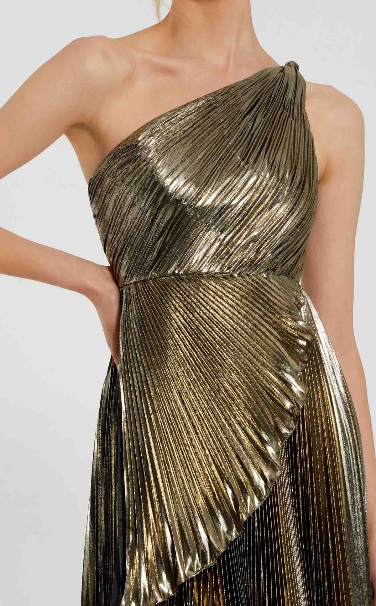 Mac Duggal Pleated Metallic One Shoulder High-Low Gown