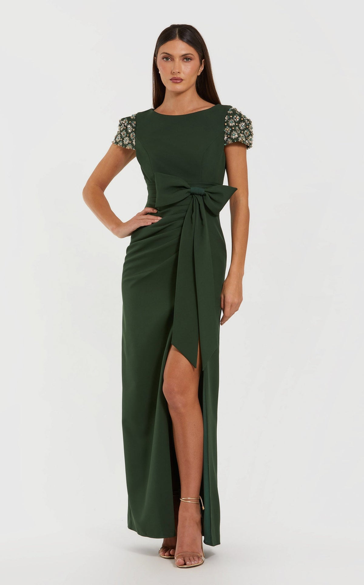 mac duggal green prom dress Green Embellished Satin Cap Sleeve Ball Gown