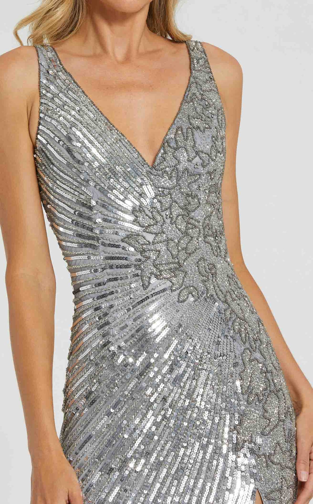 mac duggal silver dress Silver Beaded Floral Sleeveless Gown