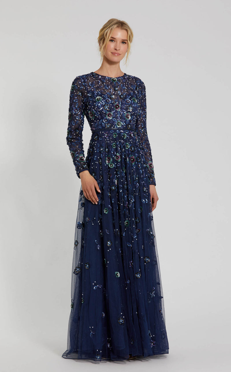 Mac Duggal - Navy Embellished High Neck Long Sleeve A Line Gown - US 6 Mac Duggal - Navy Embellished High Neck Long Sleeve A Line Gown - US 6