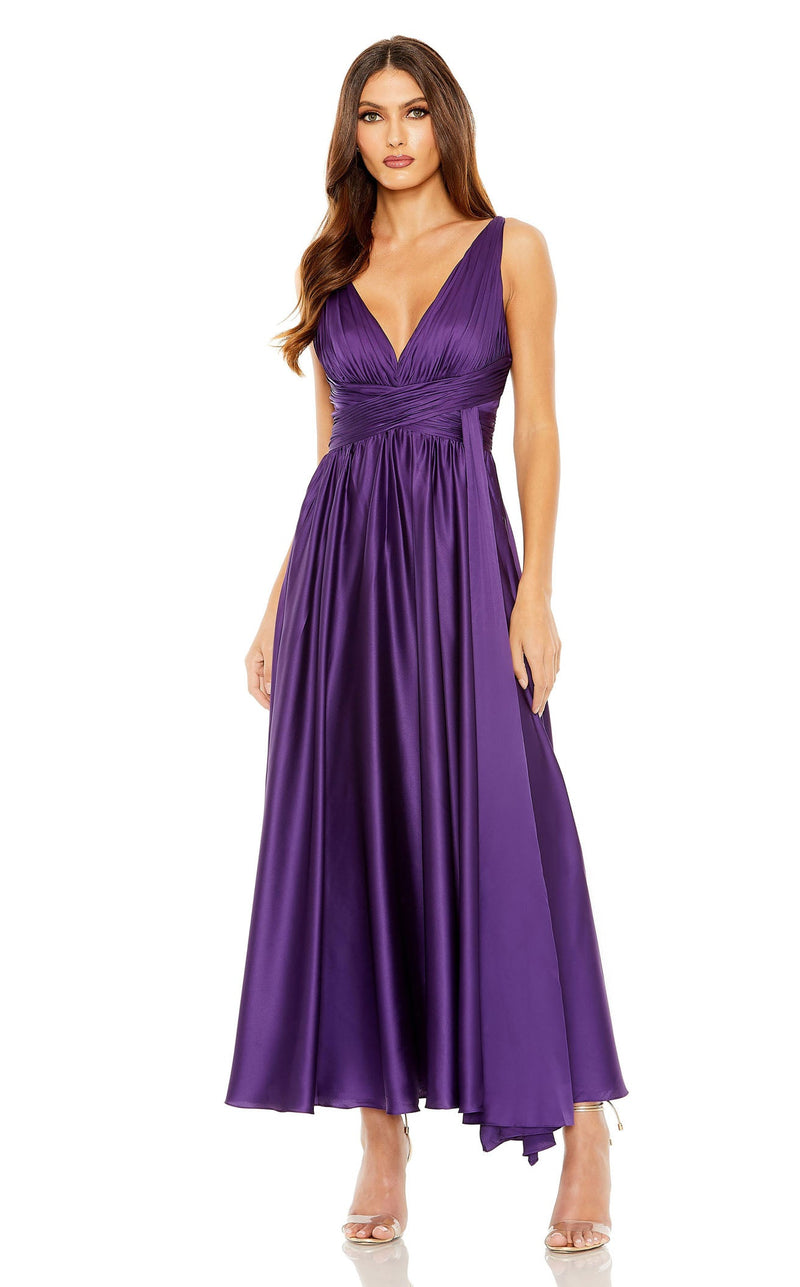 knee length dresses for ladies Mac Duggal Women's Ruched Chiffon Sleeveless Gown with 3D Flower - Purple - Size 12 main image 0