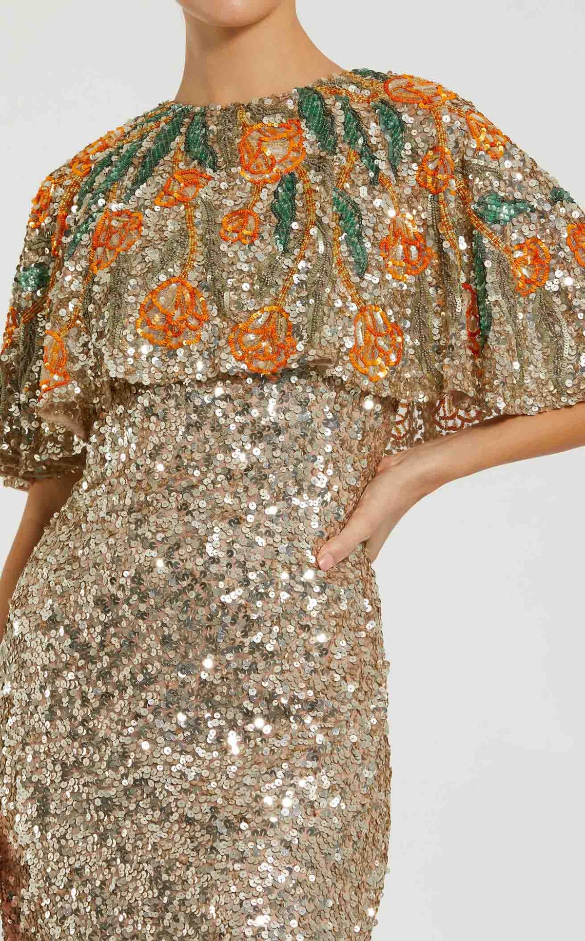 Mac Duggal - Gold Embellished Gown With Floral Beaded Shawl
