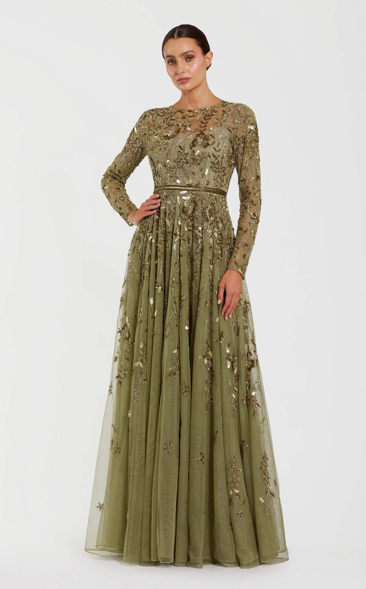 green emerald velvet dress Mac Duggal Women's Long Sleeve Hand Embellished Floral A-Line Gown - Green