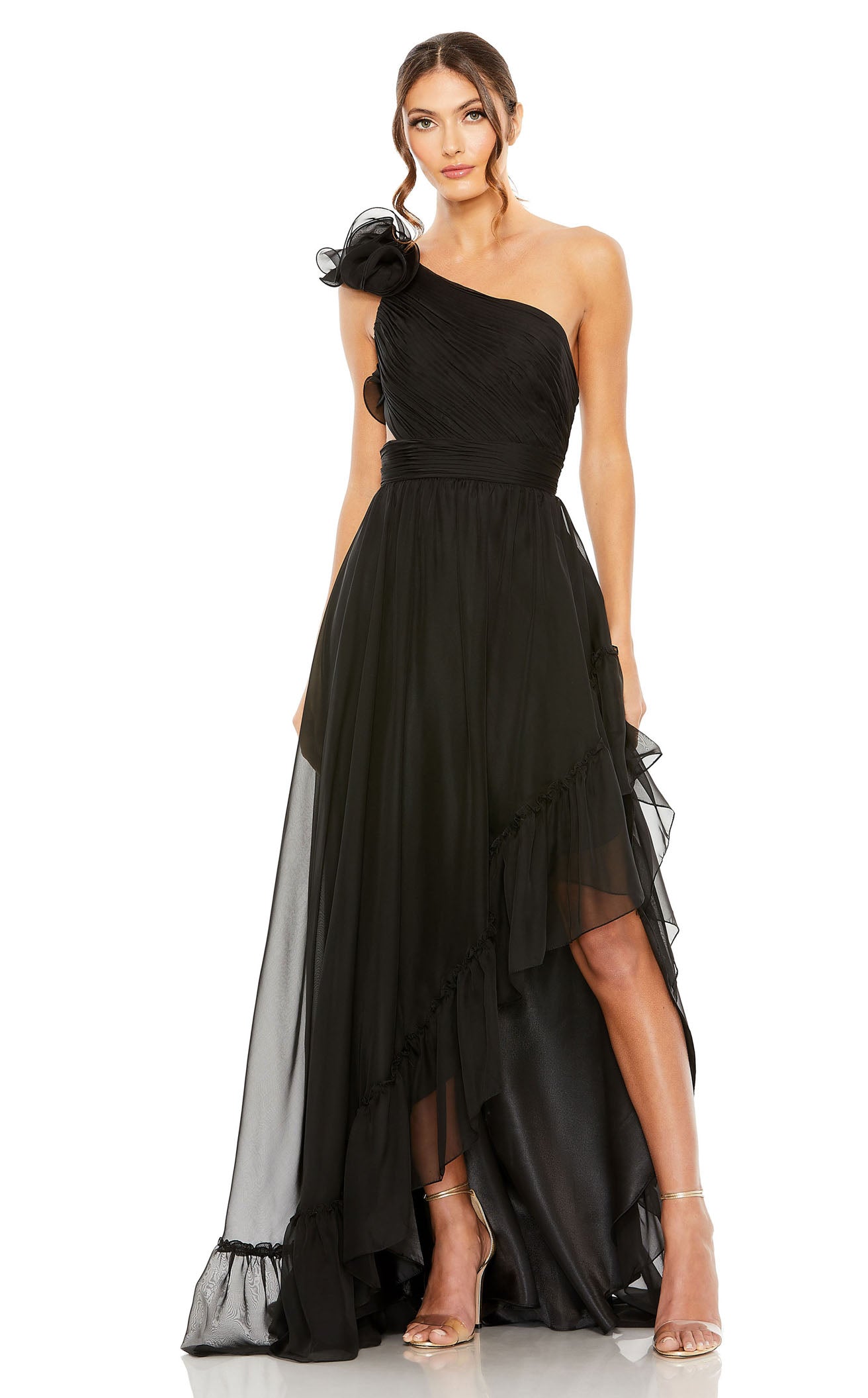 パーティードレス MAC DUGGAL Satin Ruffled Asymmetrical Gown Mac Duggal Satin Ruffle Asymmetrical Neck Sleeveless Side