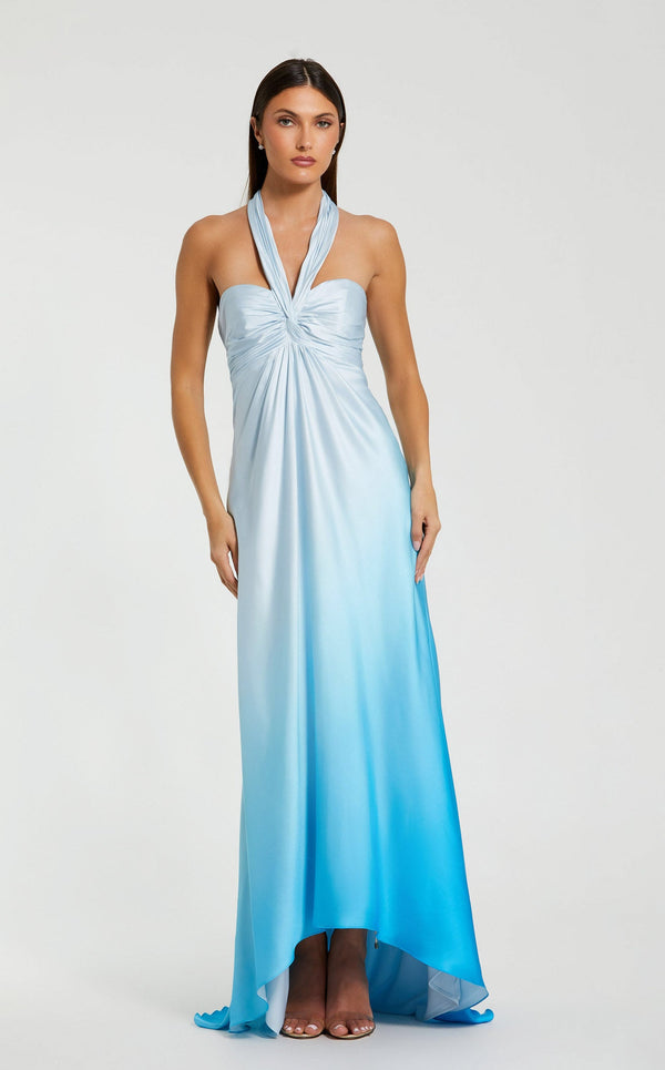 Mac Duggal Women's Charmeuse Tie Halter Neck Ombre Gown - Blue Ombre Mac Duggal Women's Charmeuse Tie Halter Neck Ombre Gown - Blue Ombre