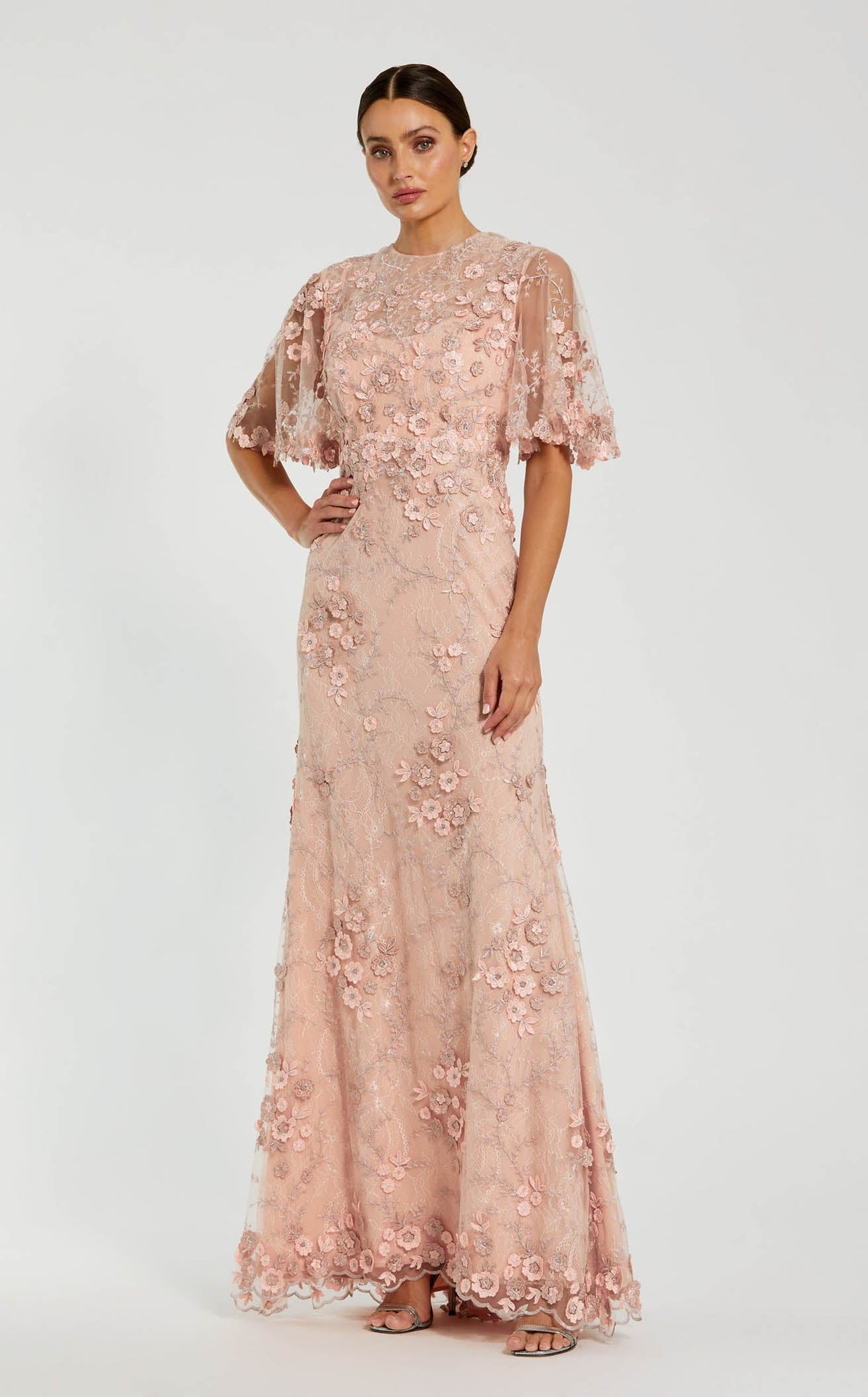 Mac Duggal Women's Flutter Sleeve Floral Embroidered Net Gown