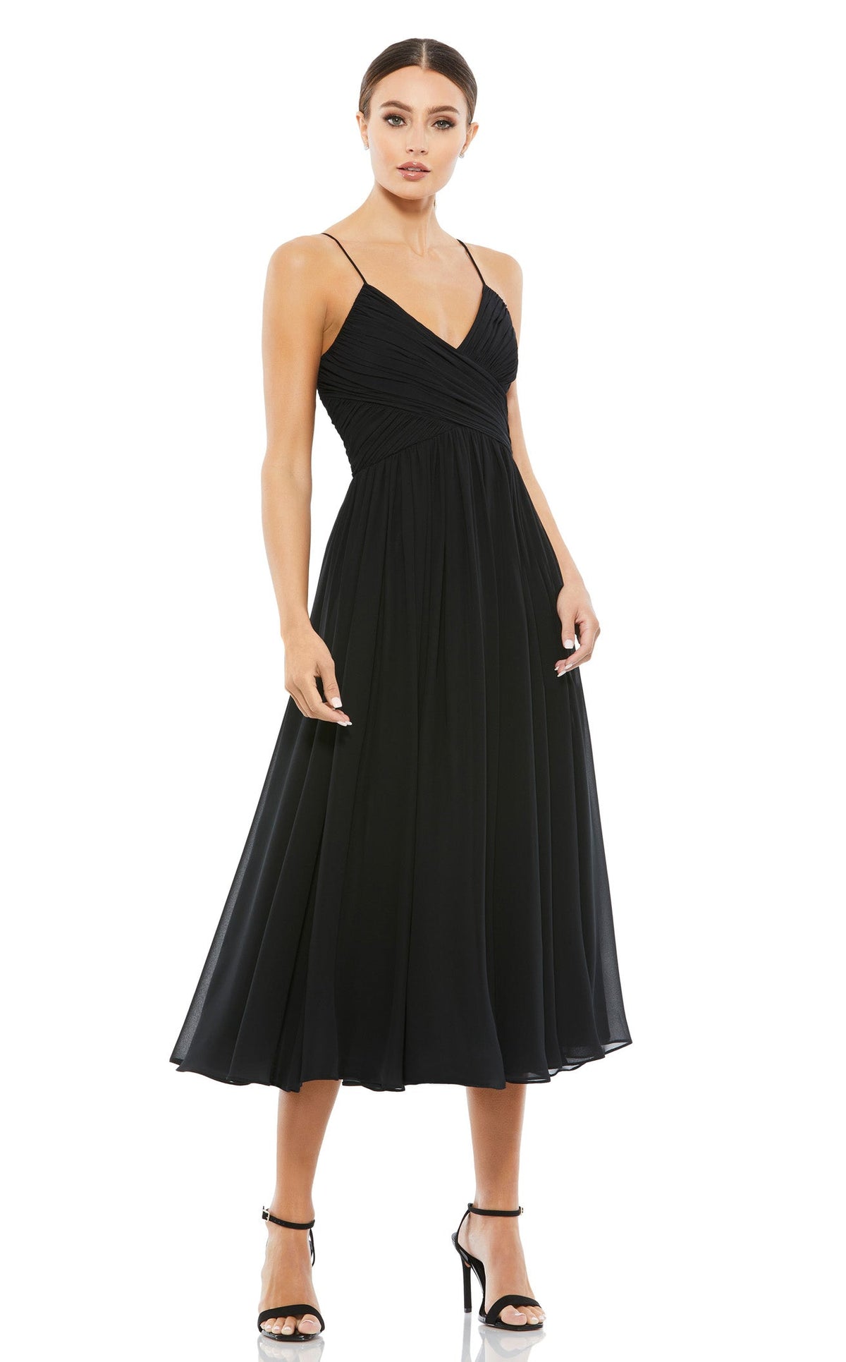 knee length dresses for ladies Mac Duggal Women's Sequined High Neck Midi Dress - Black main image 1