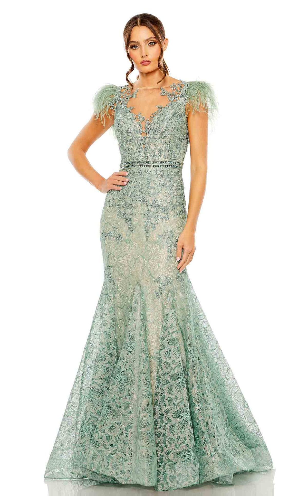 送料関税込■Mac Duggal■グリーン■フローラルドレス■ Floral Print Ruffled Wrap Over A Line Gown - Mac Duggal