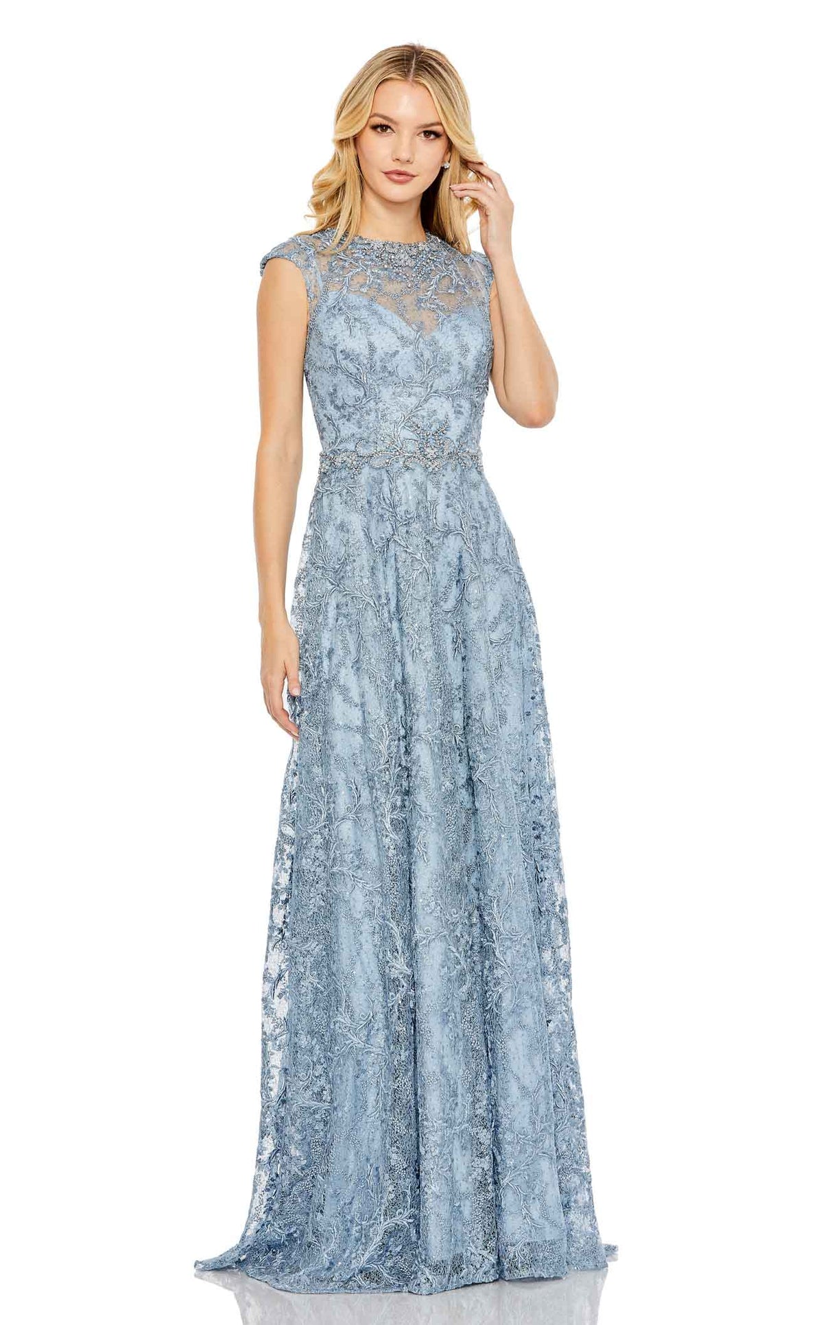 Mac Duggal - Blue Embroidered Cap Sleeve A Line Gown - US 14