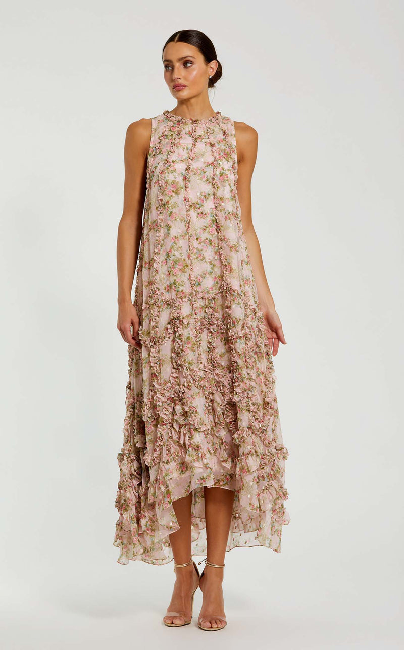 Mac Duggal Women's Floral Applique Tiered Ruffle High-Low Midi Dress