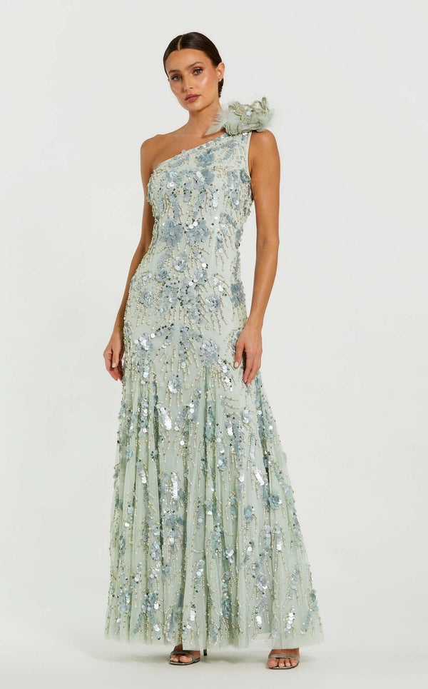 Mac Duggal Women's Evening Embellished Mesh One-Shoulder Trumpet Gown - Sage - Size 6 Mac Duggal Women's Evening Embellished Mesh One-Shoulder Trumpet Gown - Sage - Size 6