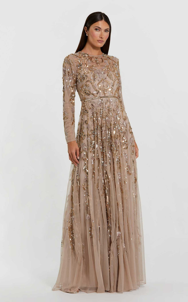 Mac Duggal - Beige Long Sleeve Hand Embellished Gown - Mocha Gold / US 12 Mac Duggal - Beige Long Sleeve Hand Embellished Gown - Mocha Gold / US 12