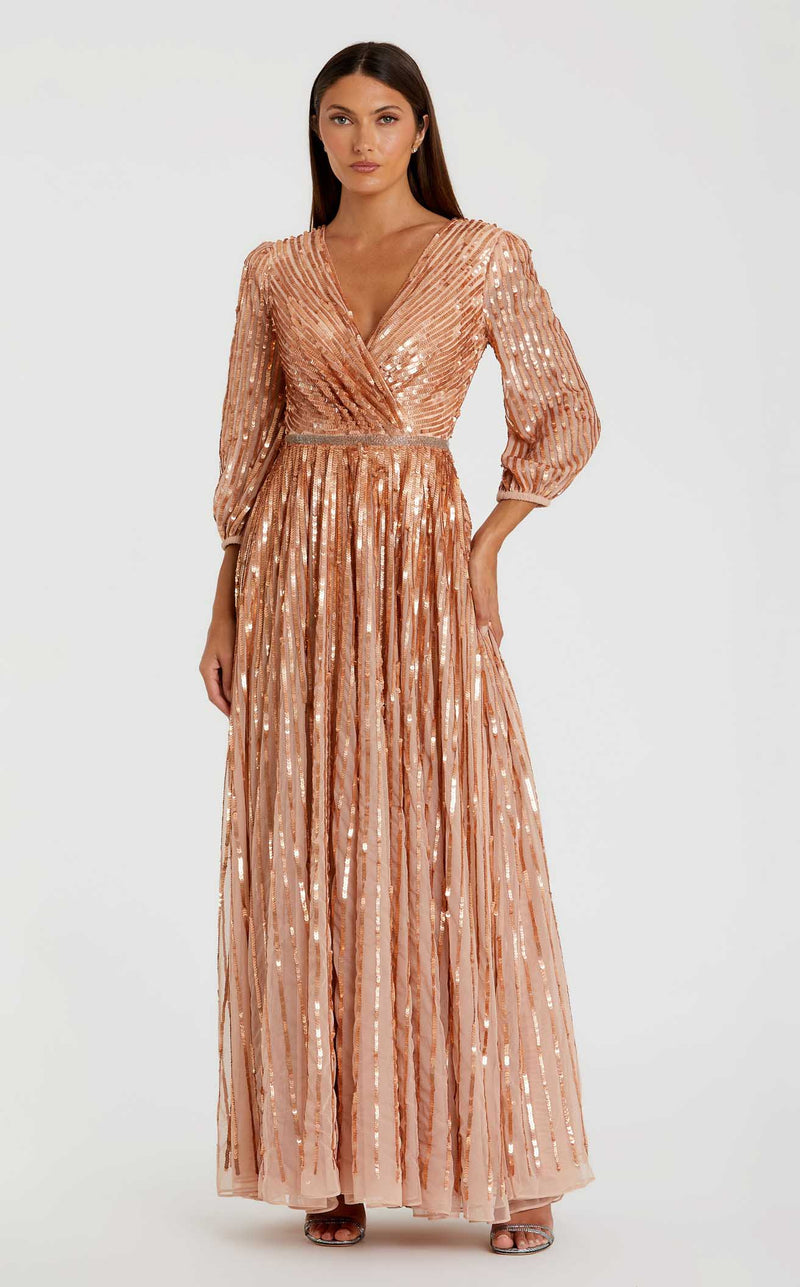 Mac Duggal Sequined Wrap Over 3/4 Sleeve Gown Apricot Size US 4 Mac Duggal Sequined Wrap Over 3/4 Sleeve Gown Apricot Size US 4