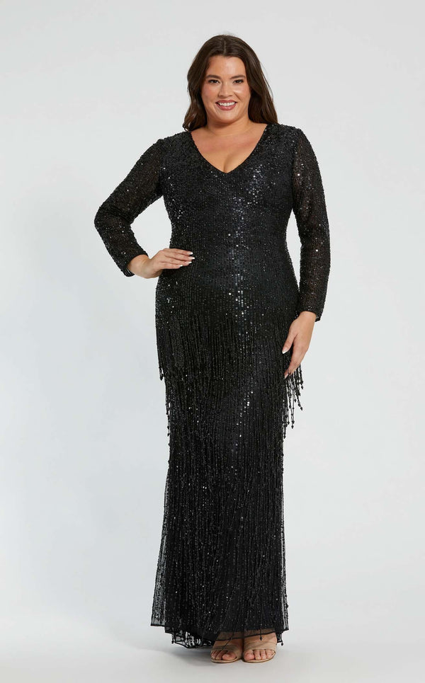 mac duggal plus size dresses Navy High Neck Puff Sleeve Tiered A Line Gown (Plus) the design transitions into a sweeping A Mac Duggal Fabulouss Plus Size
