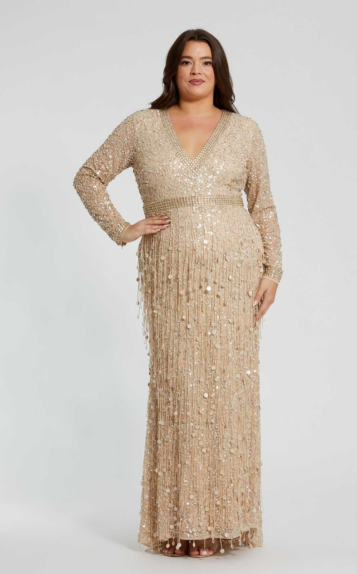Embellished Fringe Long Sleeve Gown - Mac Duggal Nude Gold / US 14W Mac Duggal Fabulouss 94074 Dress | NewYorkDress.com