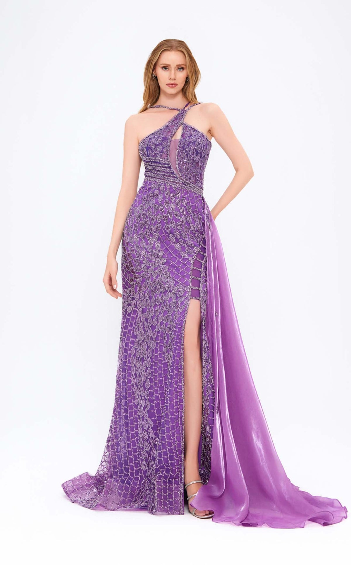 mambo maxi dress Couture 944MG924 Column Sequin Purple 6 Finished with a high What they Wore – Size:SMALL (4) Maxi length