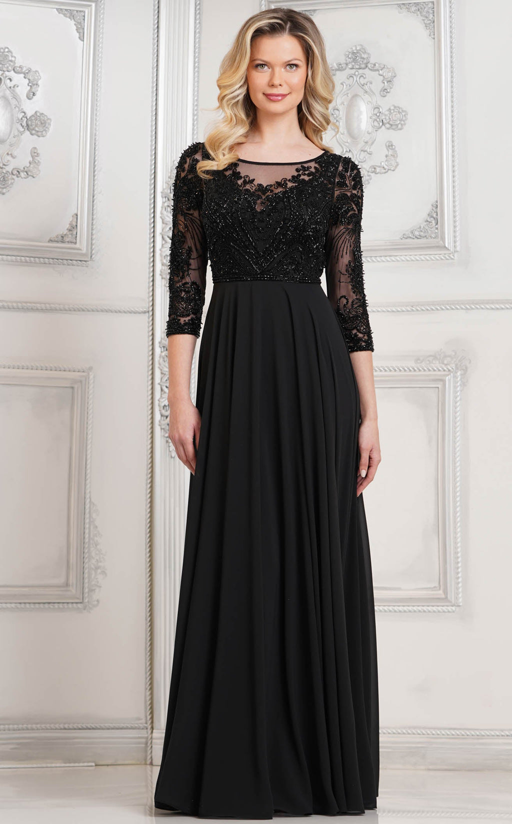 【I AM MARI】Teilrin Chiffon Shirred Long One Piece Audra Floral Print Chiffon Gown-IV/BK | Tadashi Shoji