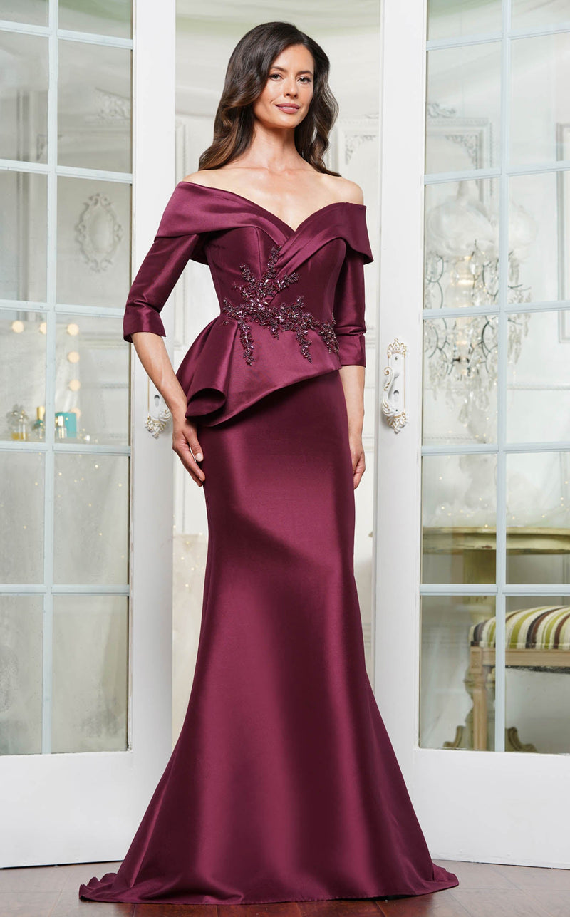 marsoni dresses by Colors MV1360 Off-The-Shoulder Pleated Neckline Three-Quarter Sleeves Draped Wrap Bodice Mother of the Bride Dress Wine / 24 this dress will make you stand out in any crowd Marsoni MV1333 Dress