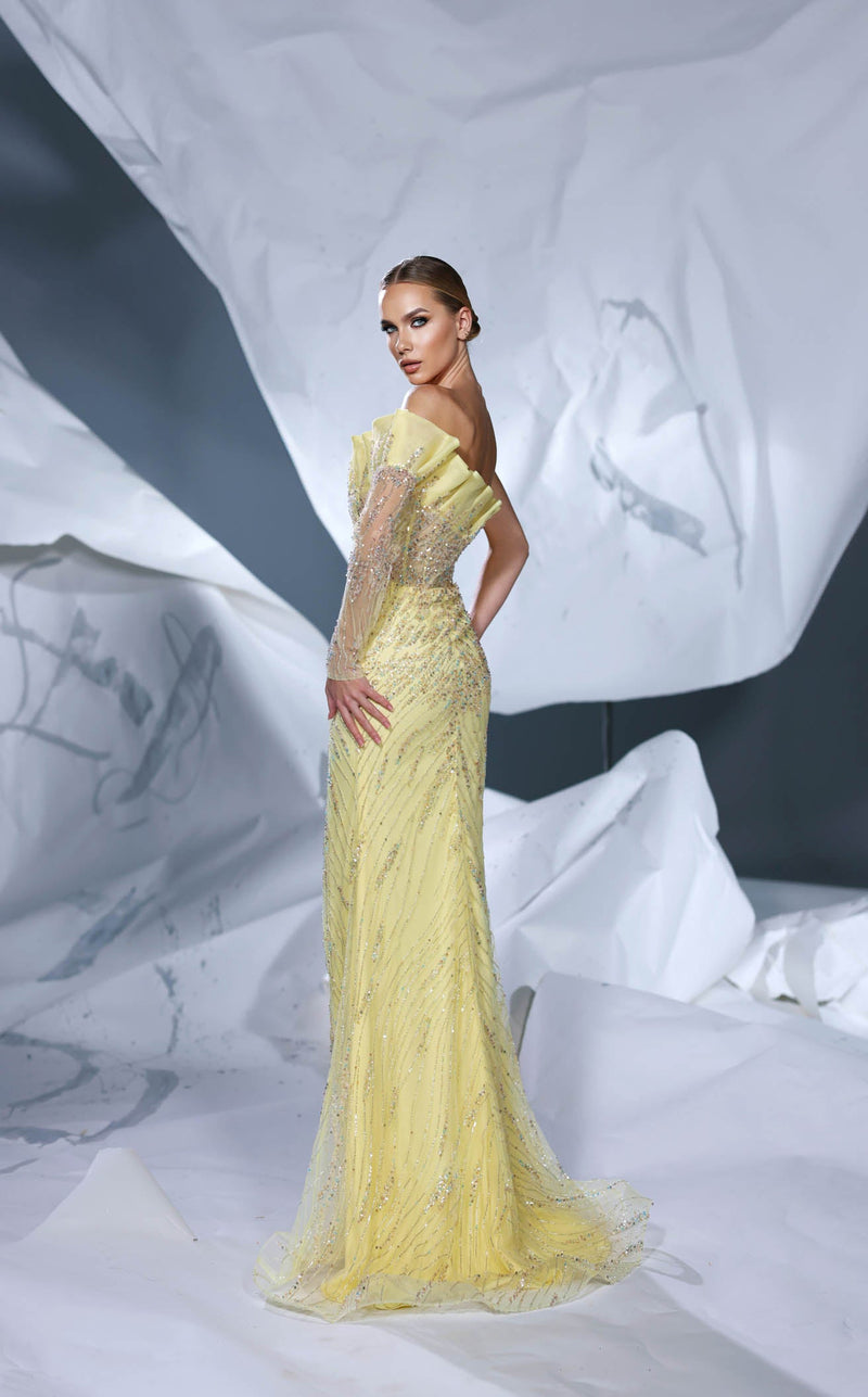 yellow dress runway Vibrant Lemon Yellow DressSummers Radiant Energy, The ochre-red sash commands attention, accentuating the waistline while its contrasting hue injects vitality and individuality. The yellow silk