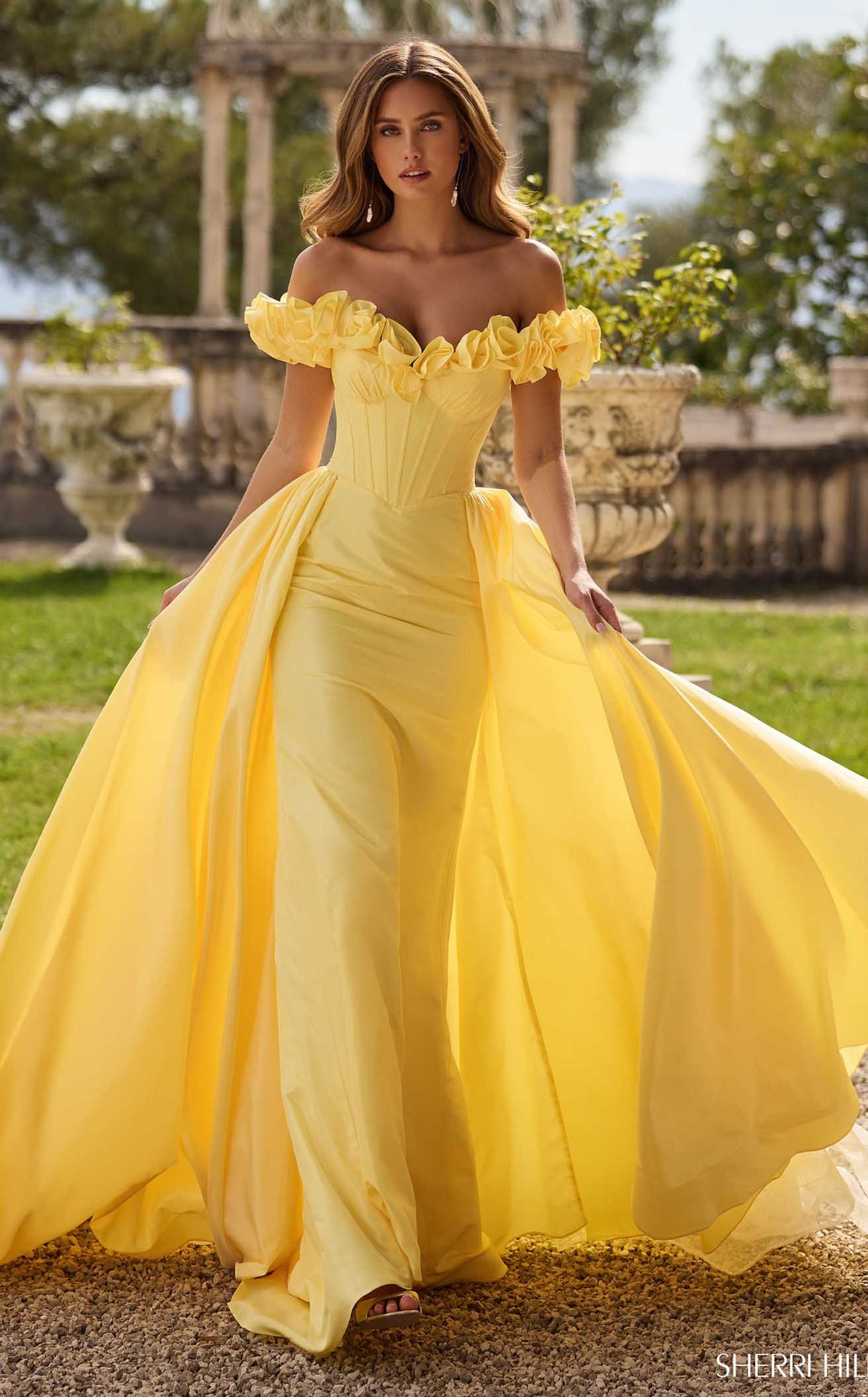 gold prom dress sherri hill Sheri Satin Fit and Flare 56059 Purple / 6 Featured on the NYFW runway Sherri Hill Yellow prom dress