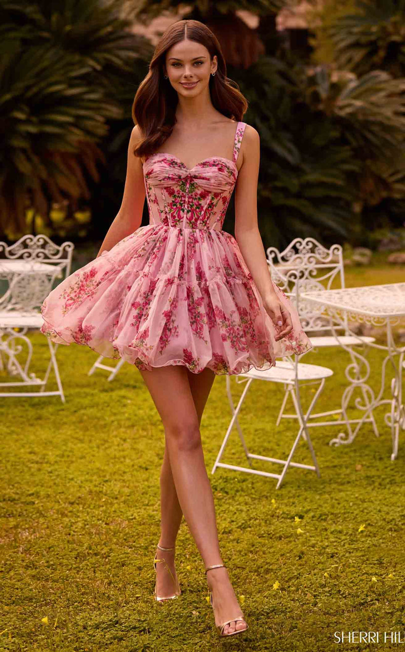sherri hill mini dress Sherri Hill 57380 Women's Formal Evening & Wedding Guest Dress - Blush/Red Print