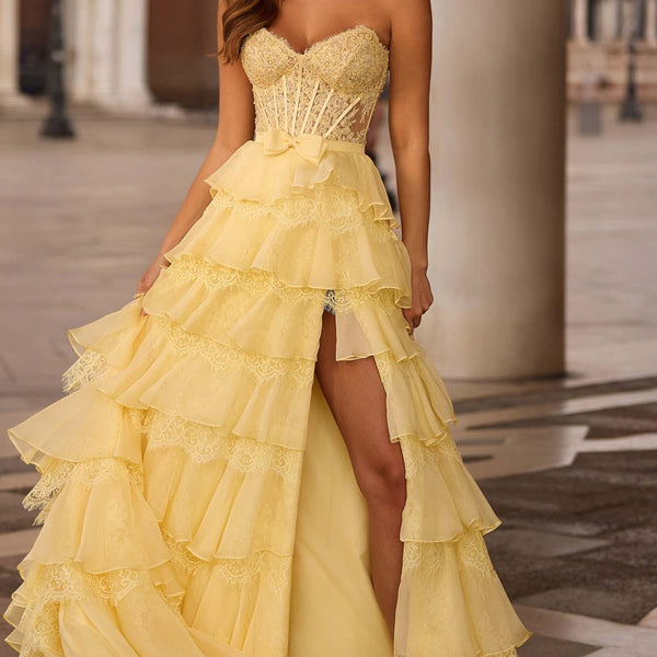 yellow semi formal dress Sweetheart Long Satin Light Prom With Slit US4 / Burgundy line silhouette that creates a graceful and feminine shape Strapless Yellow Semi Formal Dresses