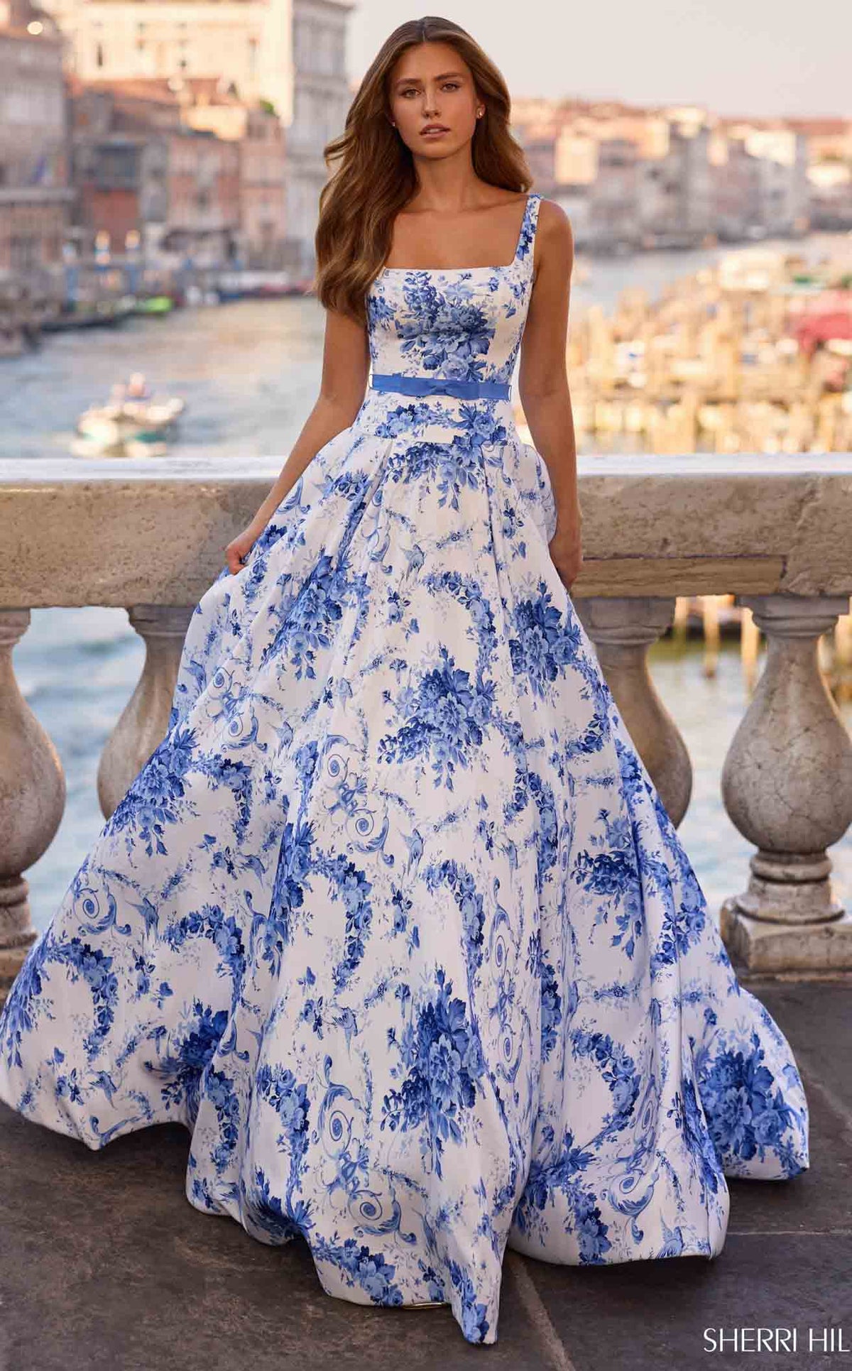 Sherri Hill 57482 Prom Dress - Ivory-Blue-Print | NewYorkDress Sherri Hill 57482 Prom Dress - Ivory-Blue-Print | NewYorkDress