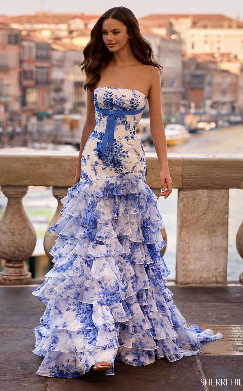 Sherri Hill 57487 Prom Dress - Ivory-Blue-Print | NewYorkDress Sherri Hill 57487 Prom Dress - Ivory-Blue-Print | NewYorkDress