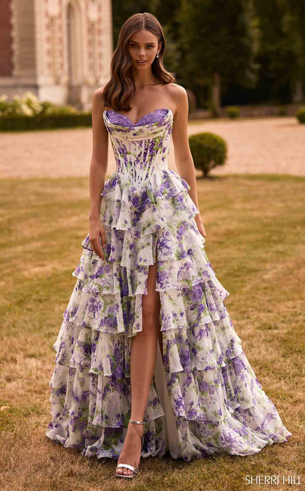 Sherri Hill 57692 Ivory/Purple Green Print