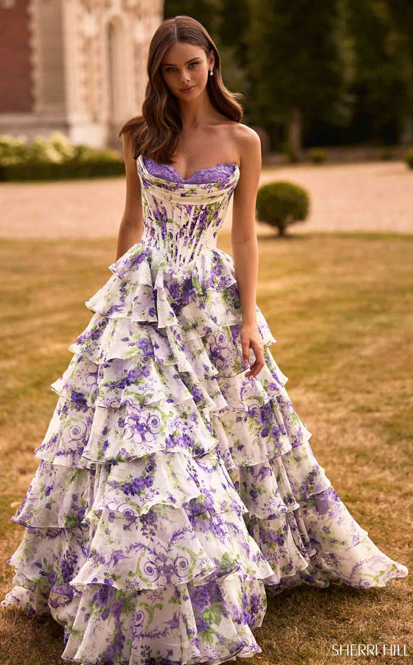 Sherri Hill 57692 Ivory/Purple Green Print