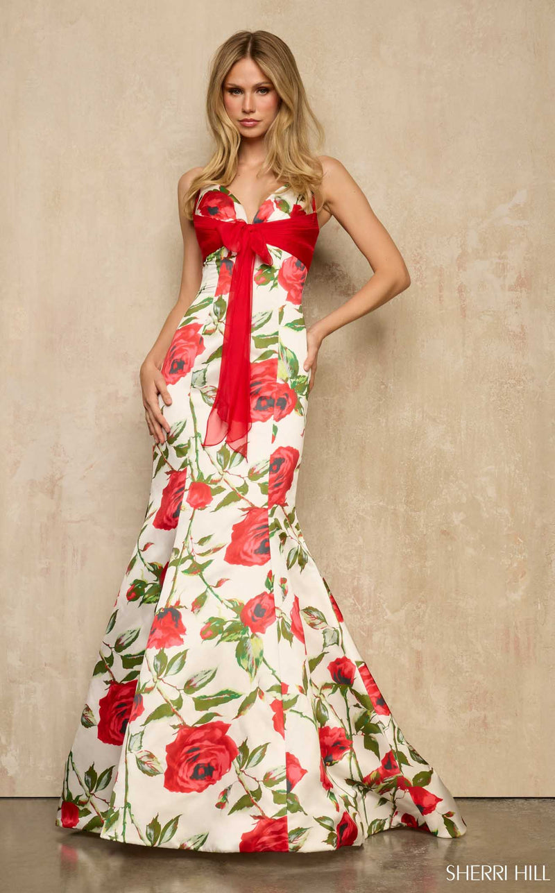 Sherri Hill 57818 Ivory Red Print