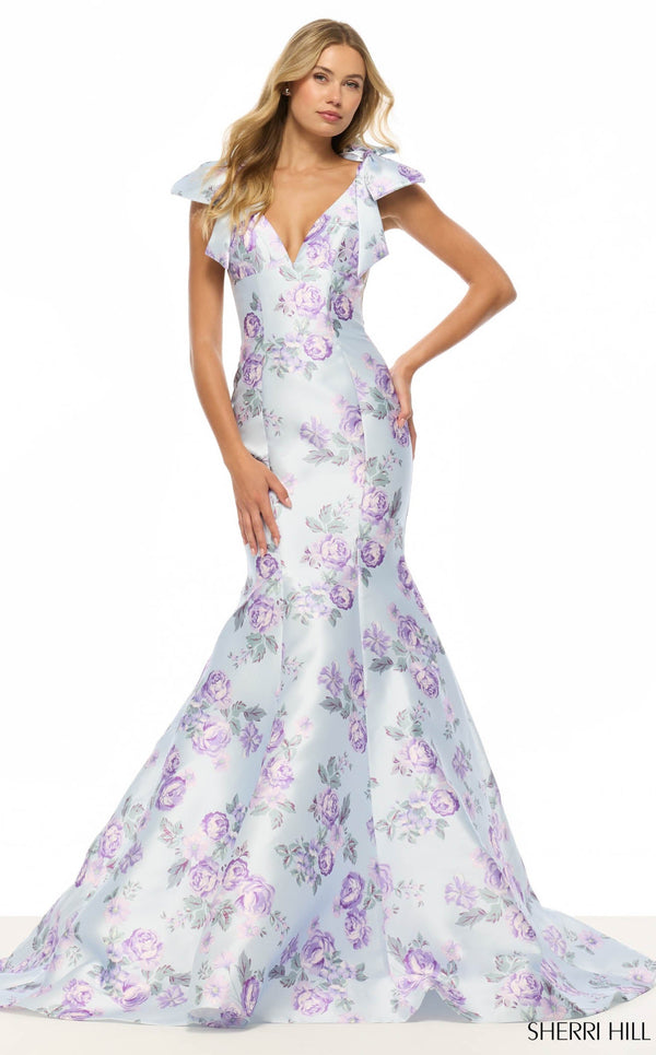 Sherri Hill 57854 Light Blue/Lilac Print