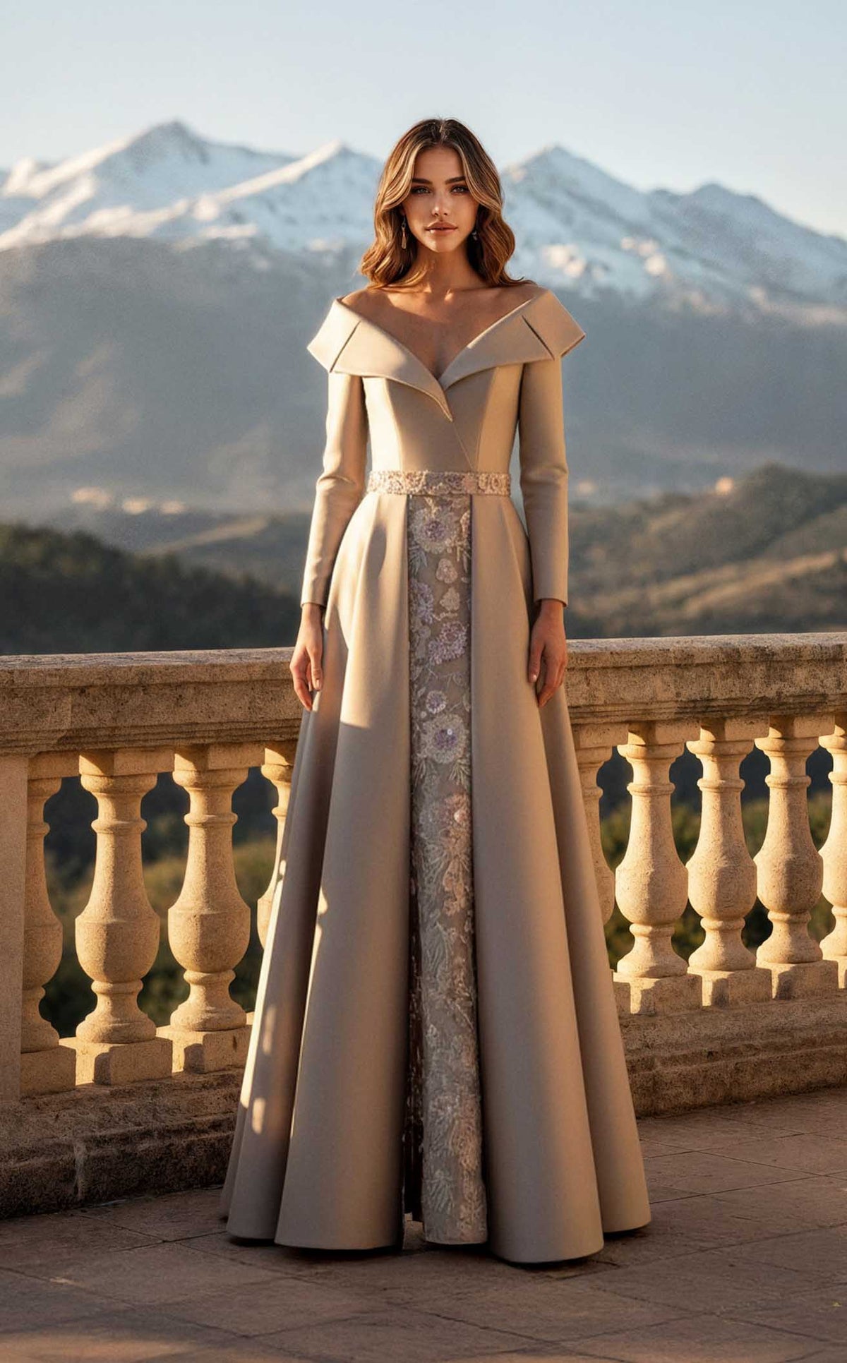 evening jersey dresses Long Formal Bow Sleeve Stretch Jersey Dress With Front Slit