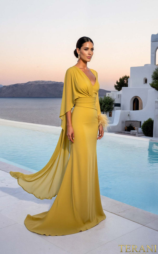 yellow winter formal dresses Designer Dress for Any Occasion * Materials AW-DR-11260 Cowl Back Long Sleeve Size Chart:X-Large