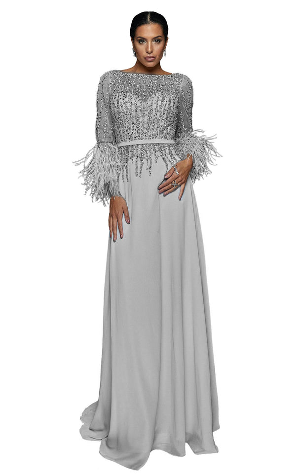 Long silver prom dress with off-shoulders and long sleeves La Divine C – TP  Kjoler