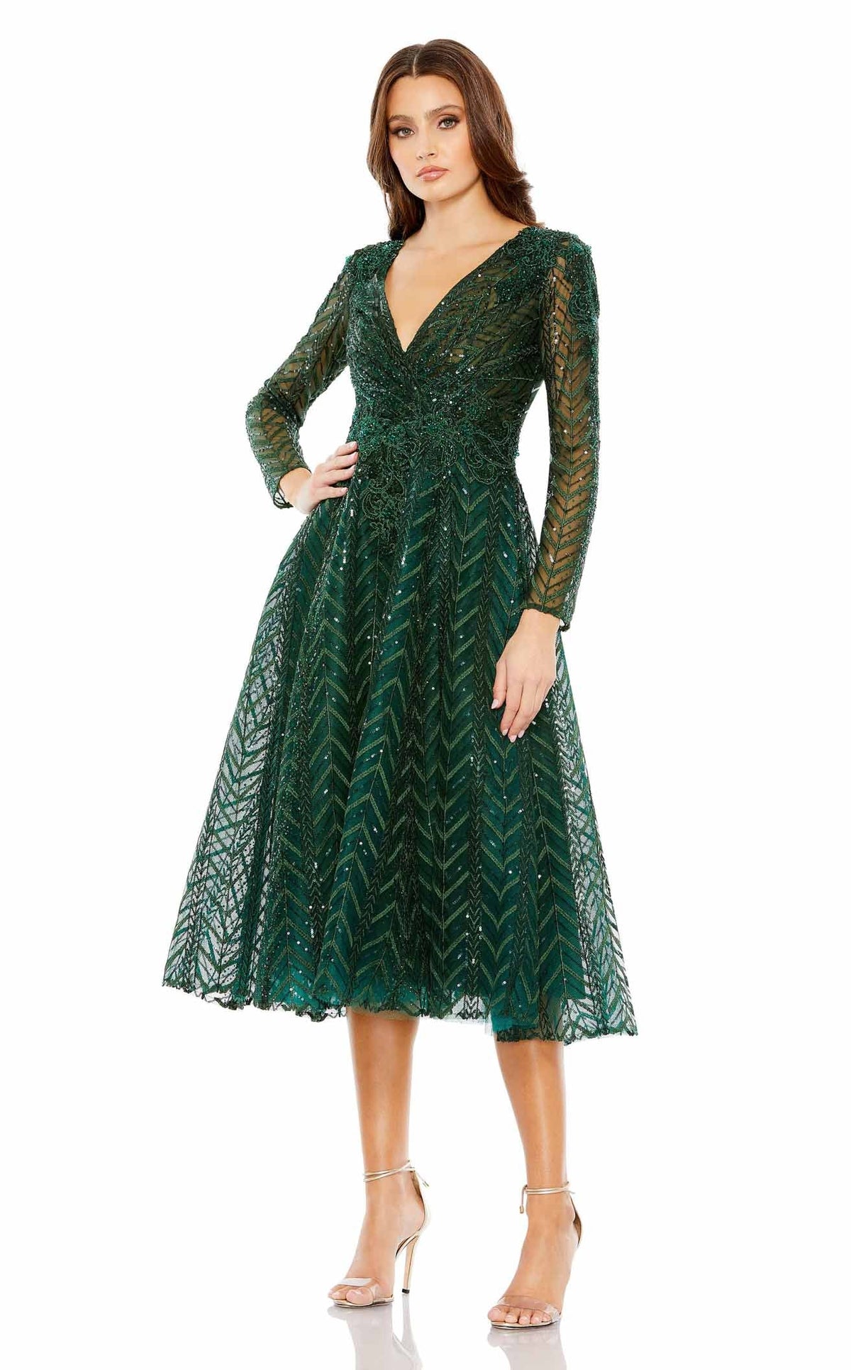 Mac Duggal - Taupe Sequin Embellished Long Sleeve Wrap Dress - US 20 Mac Duggal - Taupe Sequin Embellished Long Sleeve Wrap Dress - US 20