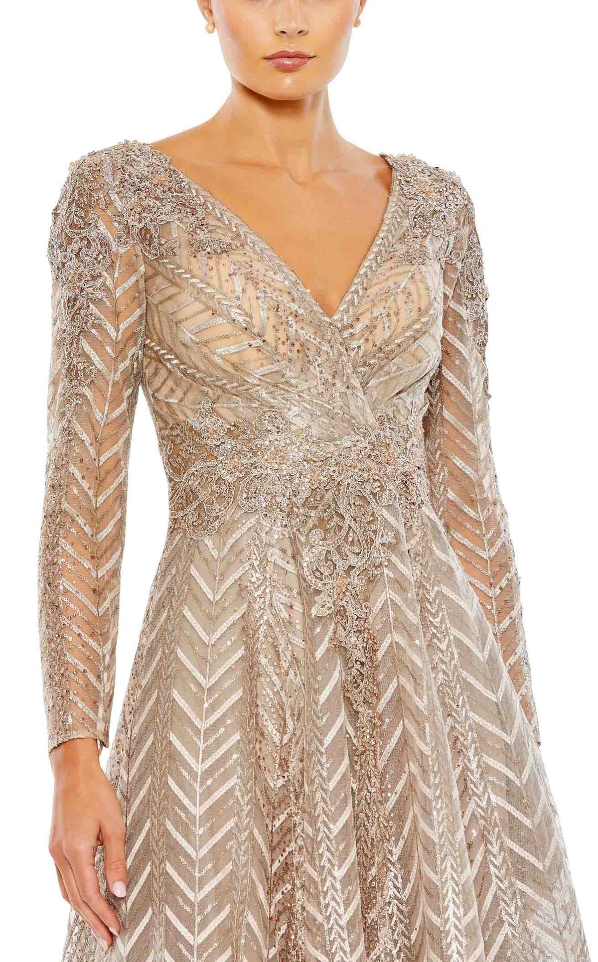 Mac Duggal - Taupe Sequin Embellished Long Sleeve Wrap Dress