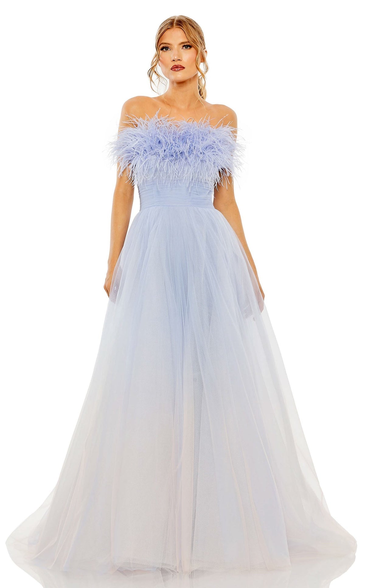 Pink Ombre Strapless Feather Bodice Tulle Gown - Mac Duggal US 12