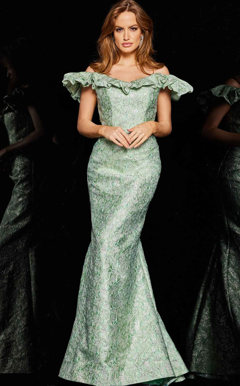 jovani green off the shoulder dress Jovani 23383 Feather Off Shoulder Sequin Long Formal Prom Dress