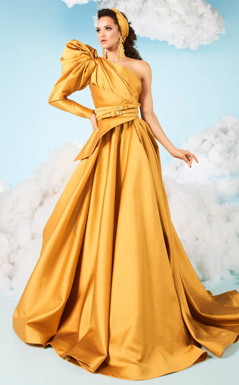Trending Mustard Yellow Velvet Draped Slit Prom Dress - VQ