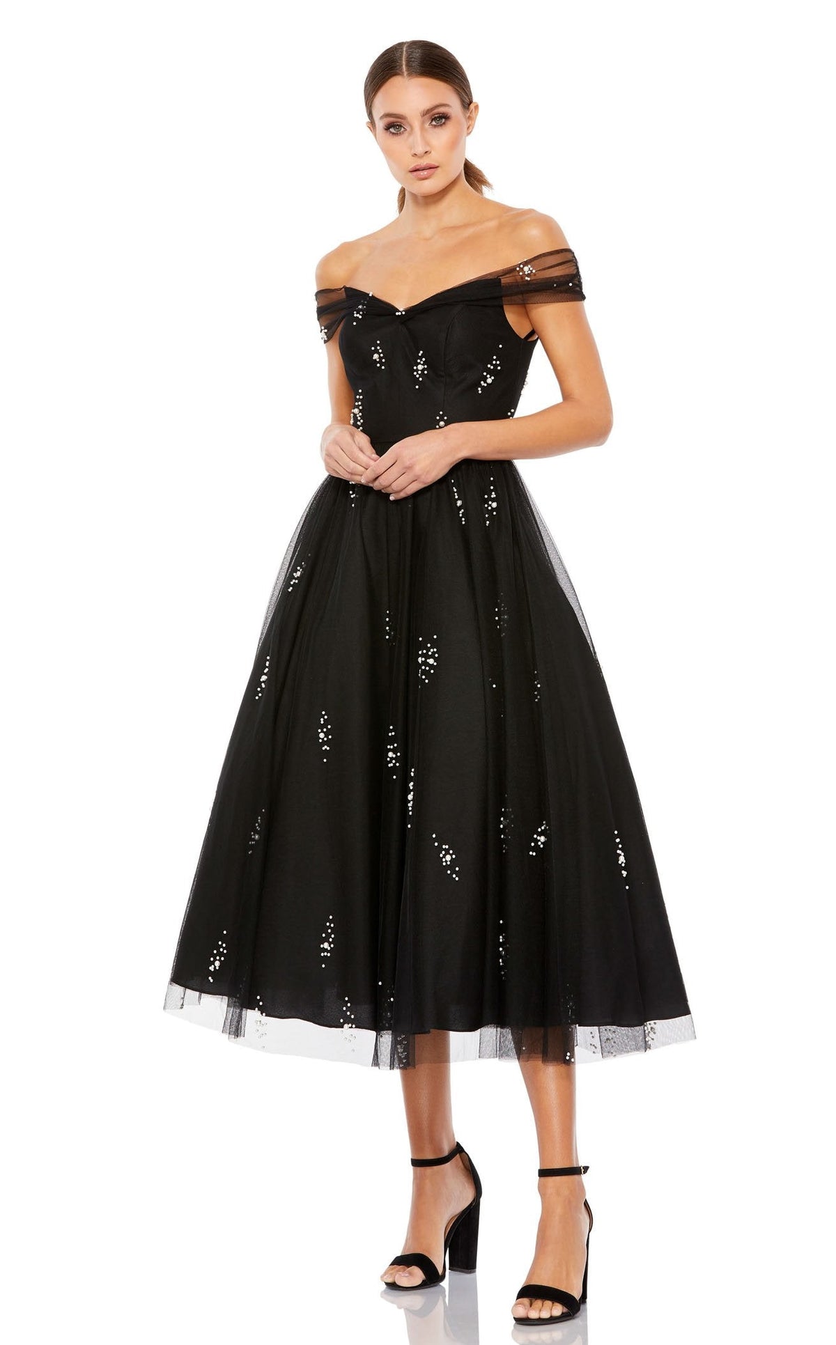 Mac Duggal Embellished Off-The-Shoulder Midi-Dress - Black