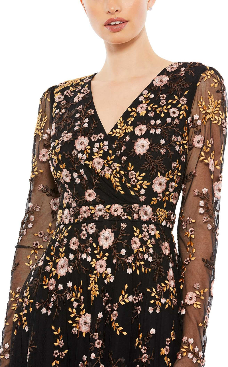 mac duggal black floral dress Black Floral Embellished Jersey Column Gown