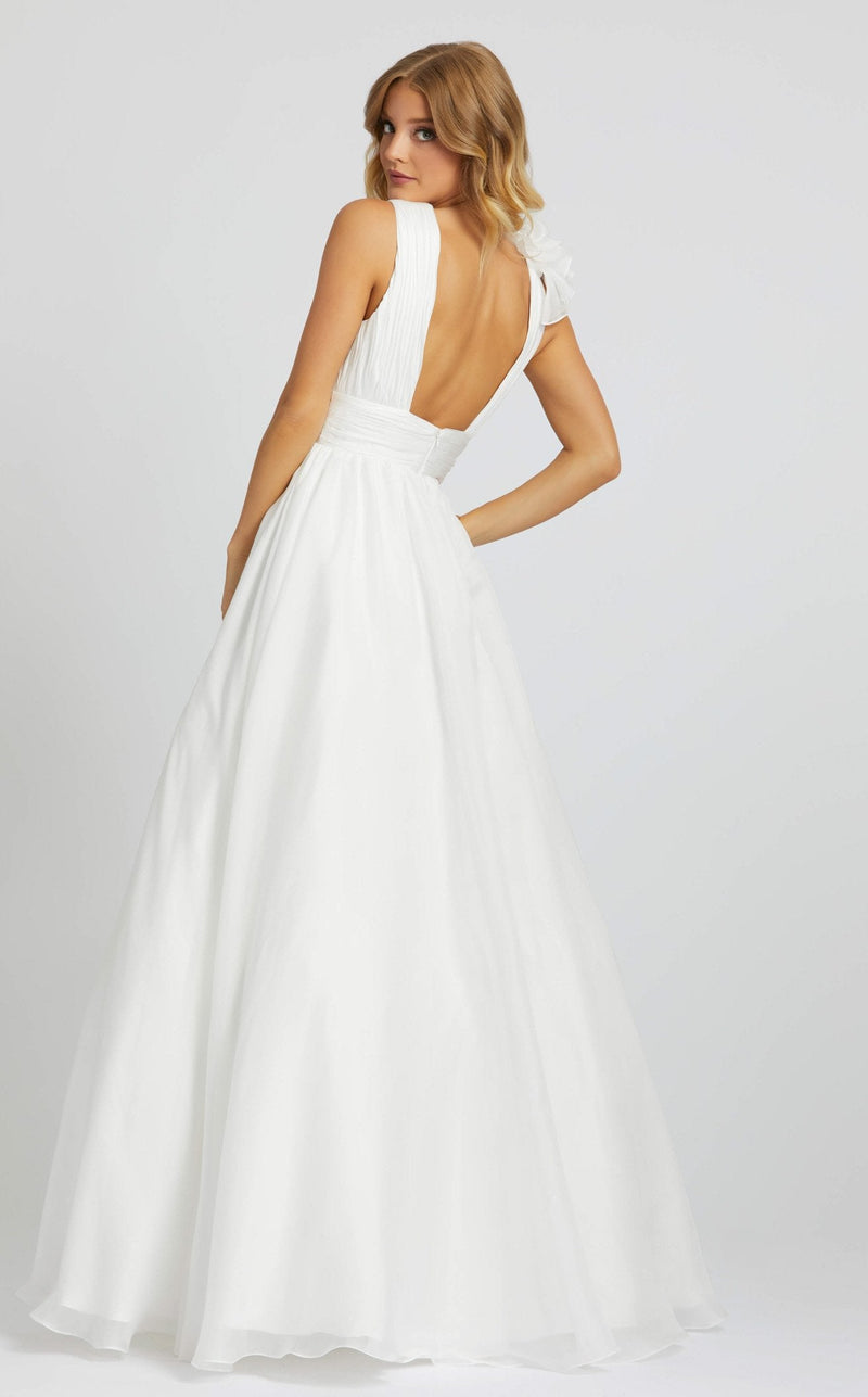 mac duggal wedding dresses White Sleeveless Plunge Neck Ball Gown With Bow Detail