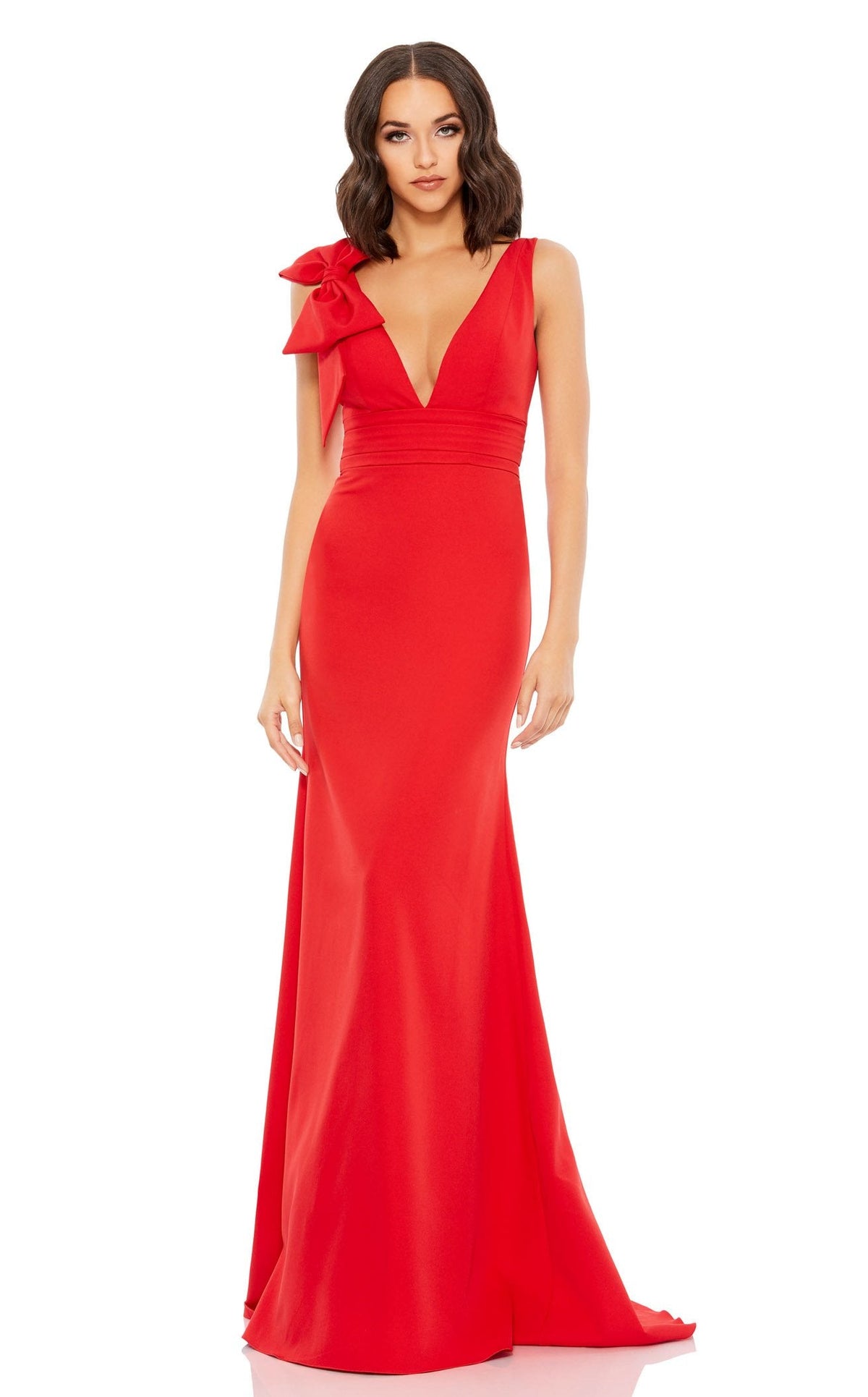 mac duggal red dress Red Sleeveless V Neck Bow Detail Mermaid Gown