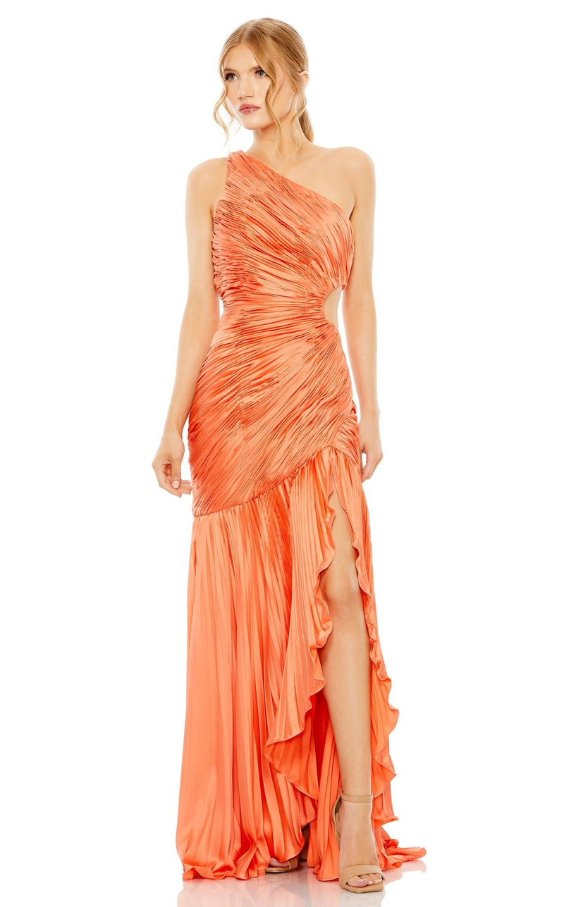 orange mac duggal dress Orange Sleeveless Floral Ruffle A-Line Maxi Dress