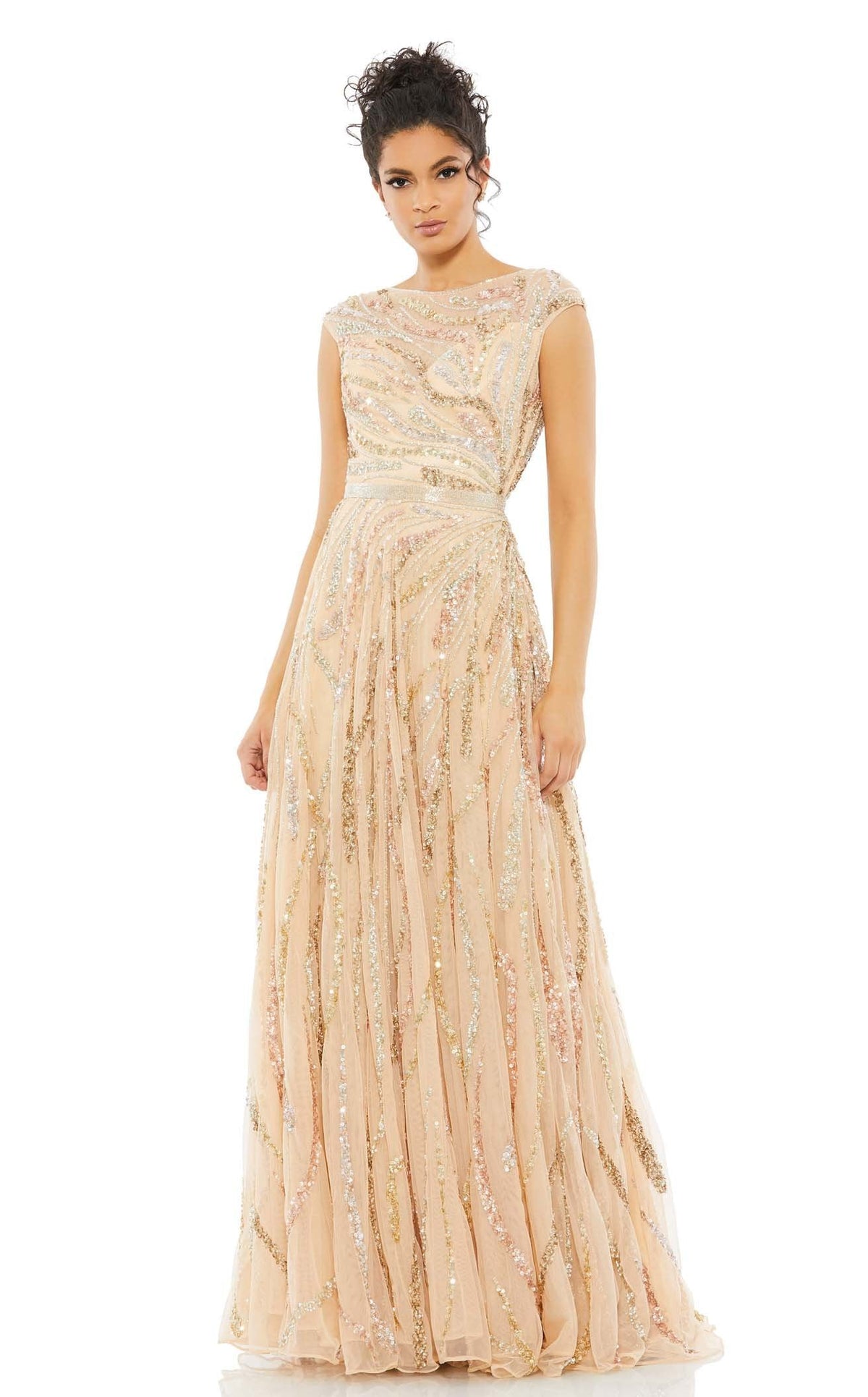 mac duggal beige dress Beige Floral Embellished Short Sleeve Midi Dress