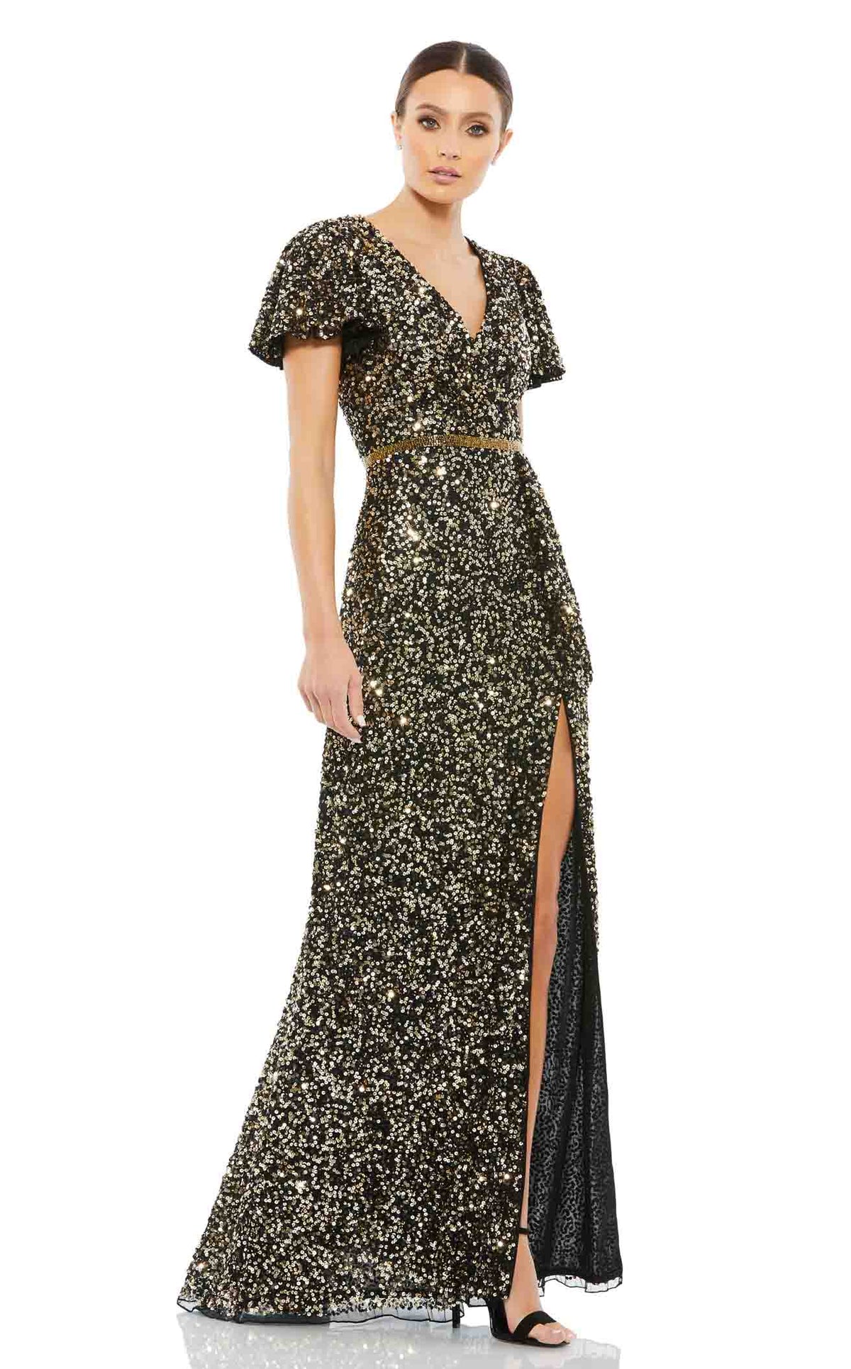Mac Duggal - Black and Gold Sequined Wrap Over Butterfly Sleeve Draped Gown - US 6 Mac Duggal - Black and Gold Sequined Wrap Over Butterfly Sleeve Draped Gown - US 6