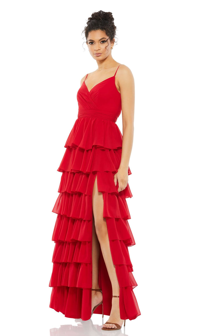 red dress mac duggal Long Red Chiffon Formal Dress with One Long Sleeve PromGirl